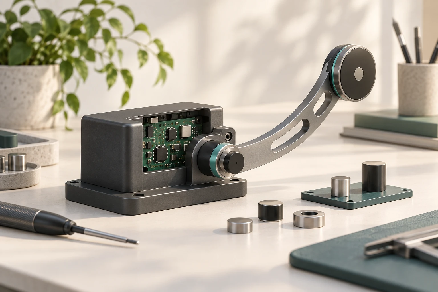 Conceptual laboratory illustration of a compact instrument, circuit board, magnetic elements and a mechanical arm.