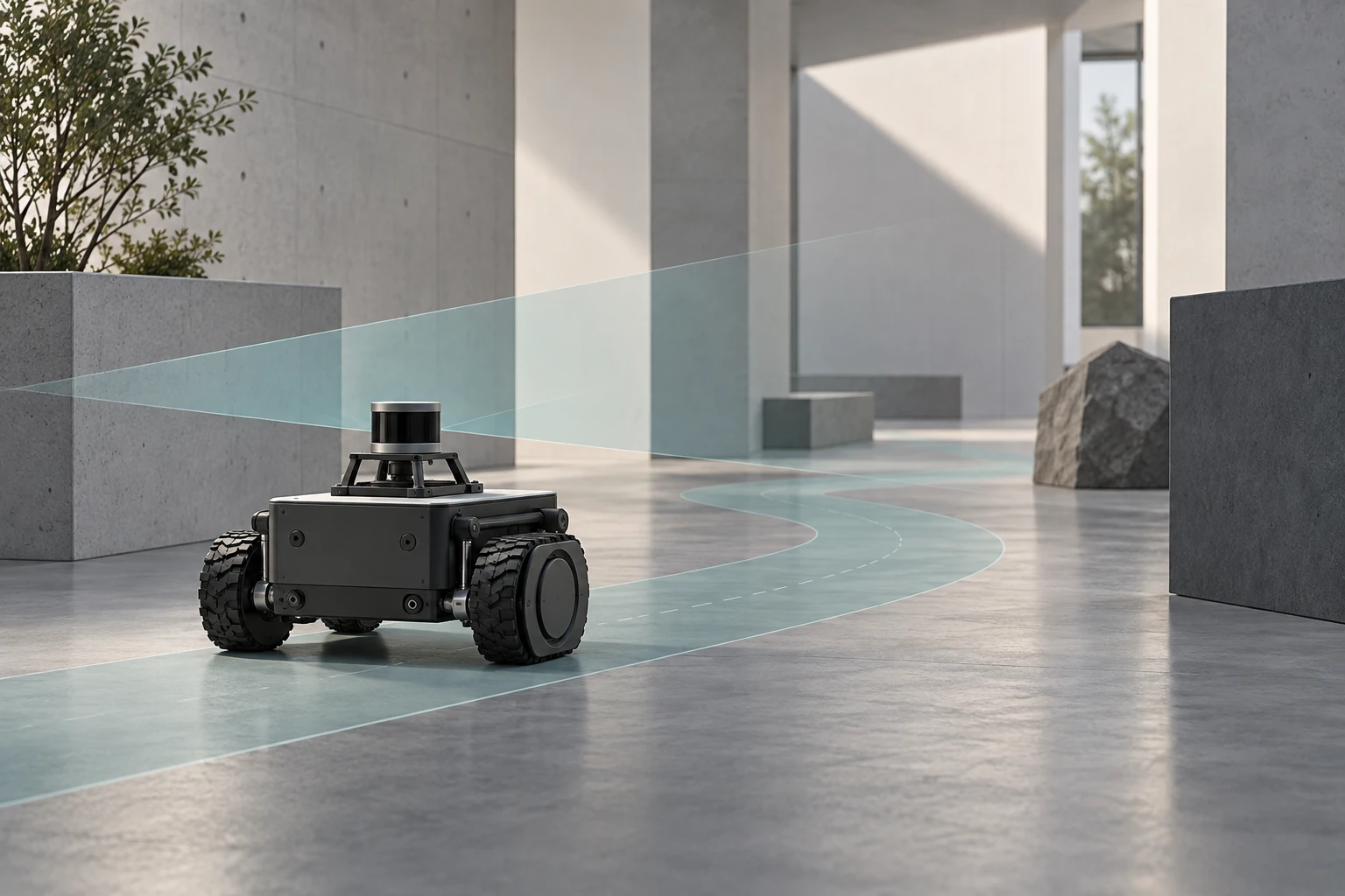 Conceptual illustration of a rover beside a translucent sensing plane and a suggested navigation path.