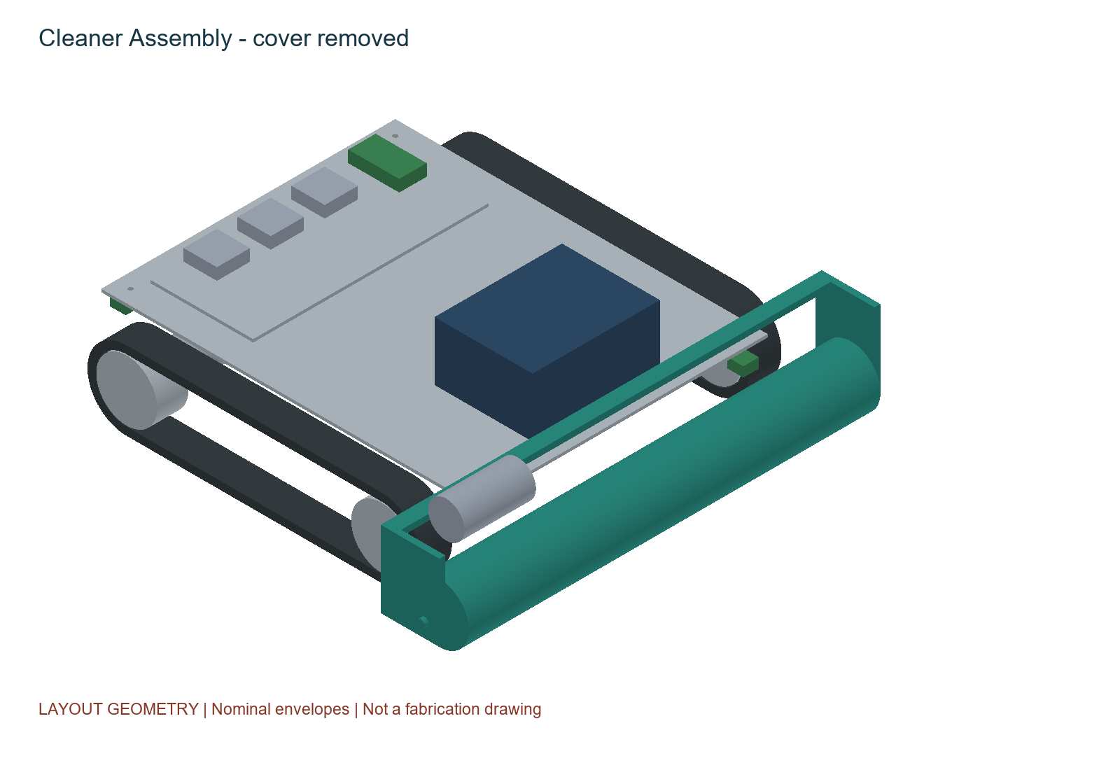 Cover-off CAD view of a tracked solar-panel cleaner with a front roller, central battery envelope and rear electronics tray.