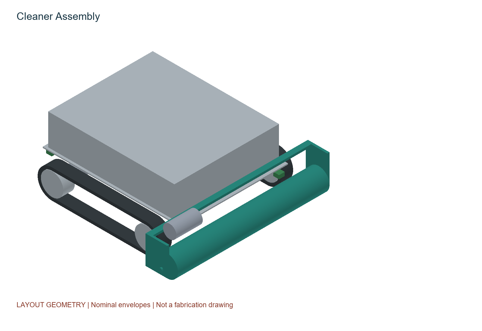 Enclosed CAD model of the crawler showing its cover, track pods and front dry-cleaning roller.