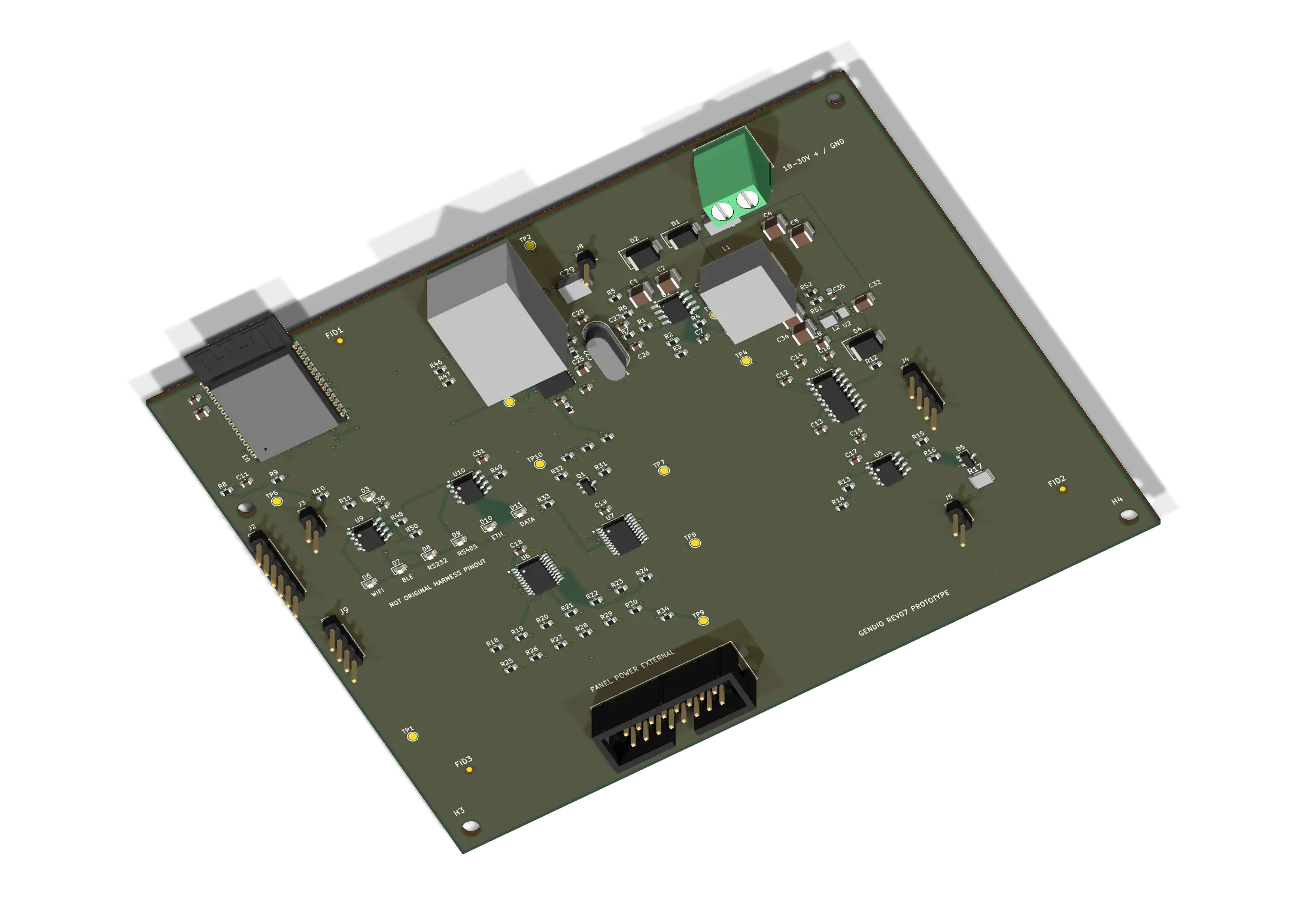 Isometric CAD render of the Gendio controller, with the ESP32 module, Ethernet connector, power converters, diagnostic LEDs and panel connector.