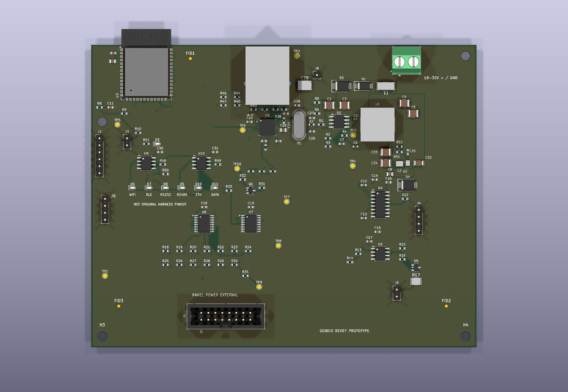 Top-down Gendio CAD view showing the distribution of connectors, power conversion and logic circuitry.