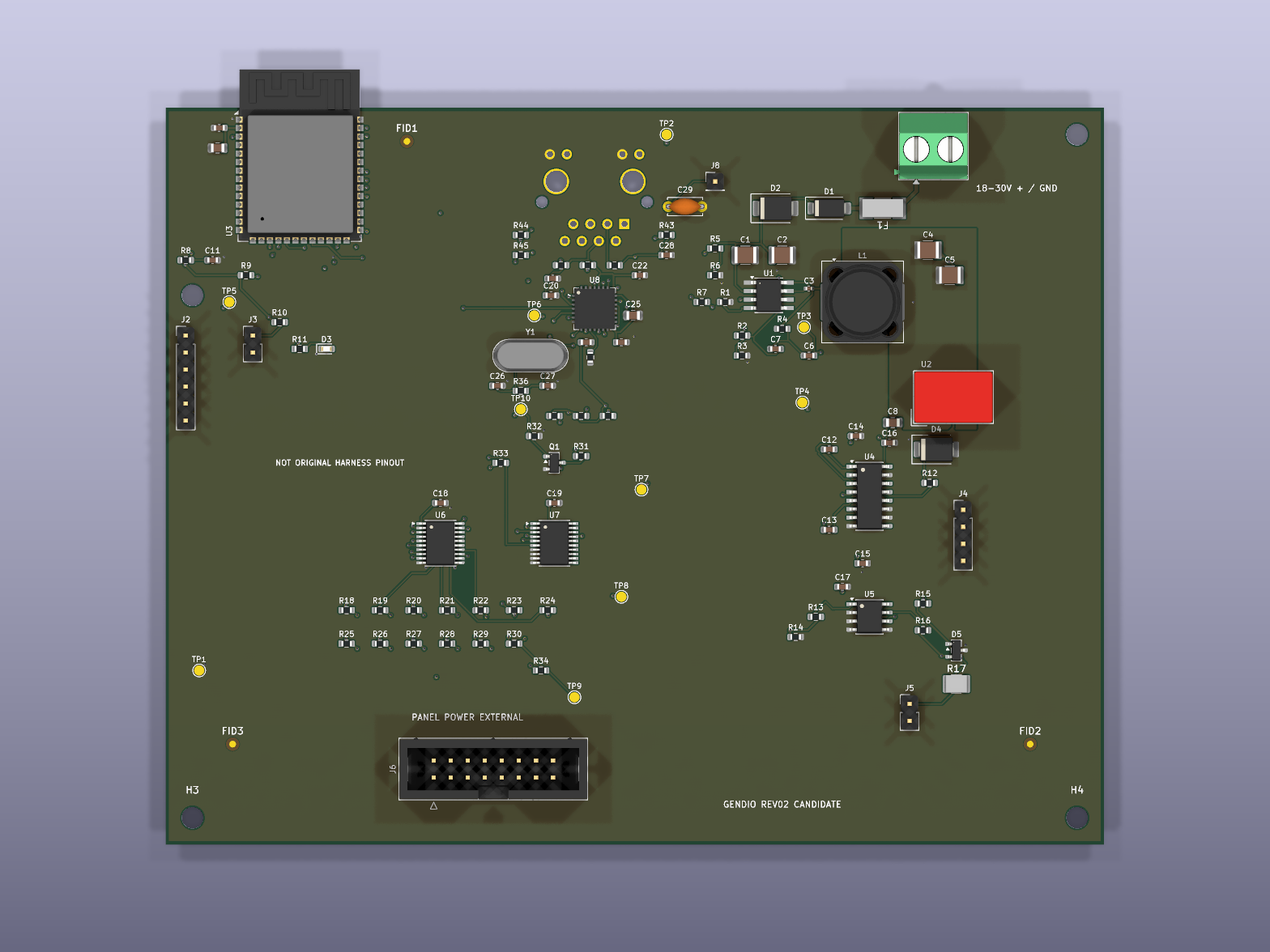 Native CAD overview of the Gendio controller showing the processor, power section and interface connectors. This is a design render, not a photograph of an assembled board.