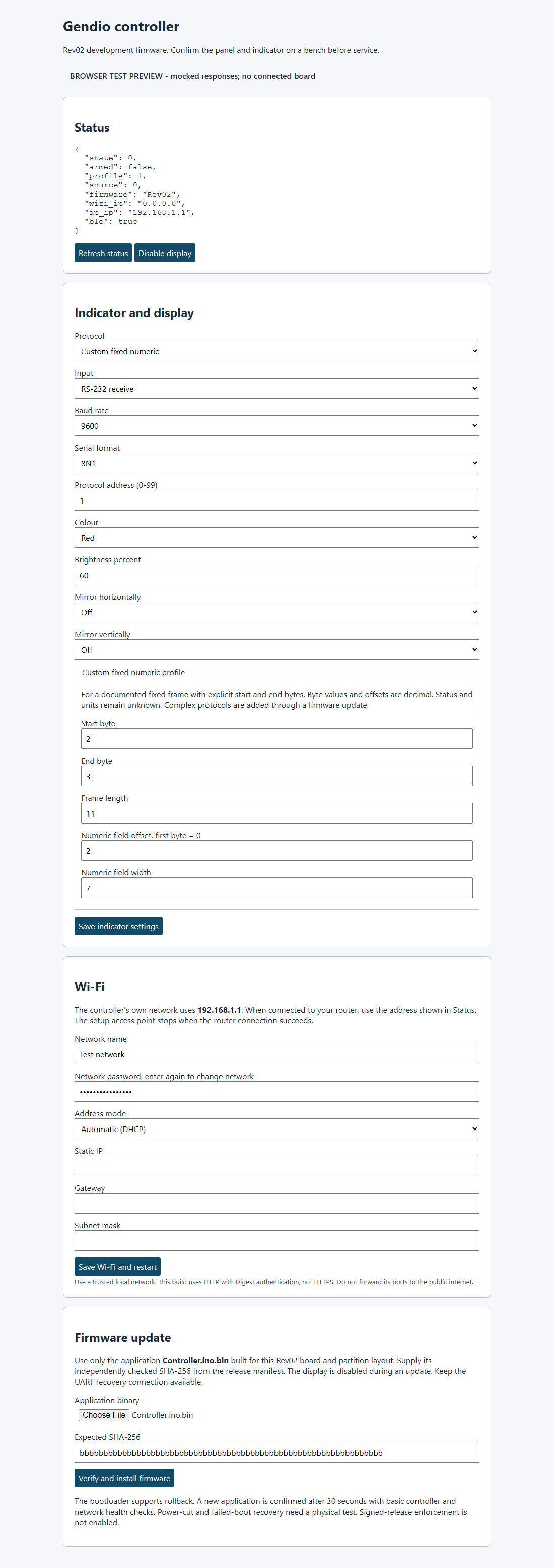 Desktop browser test screenshot of controller status, indicator settings, network configuration and firmware update controls using mocked responses.