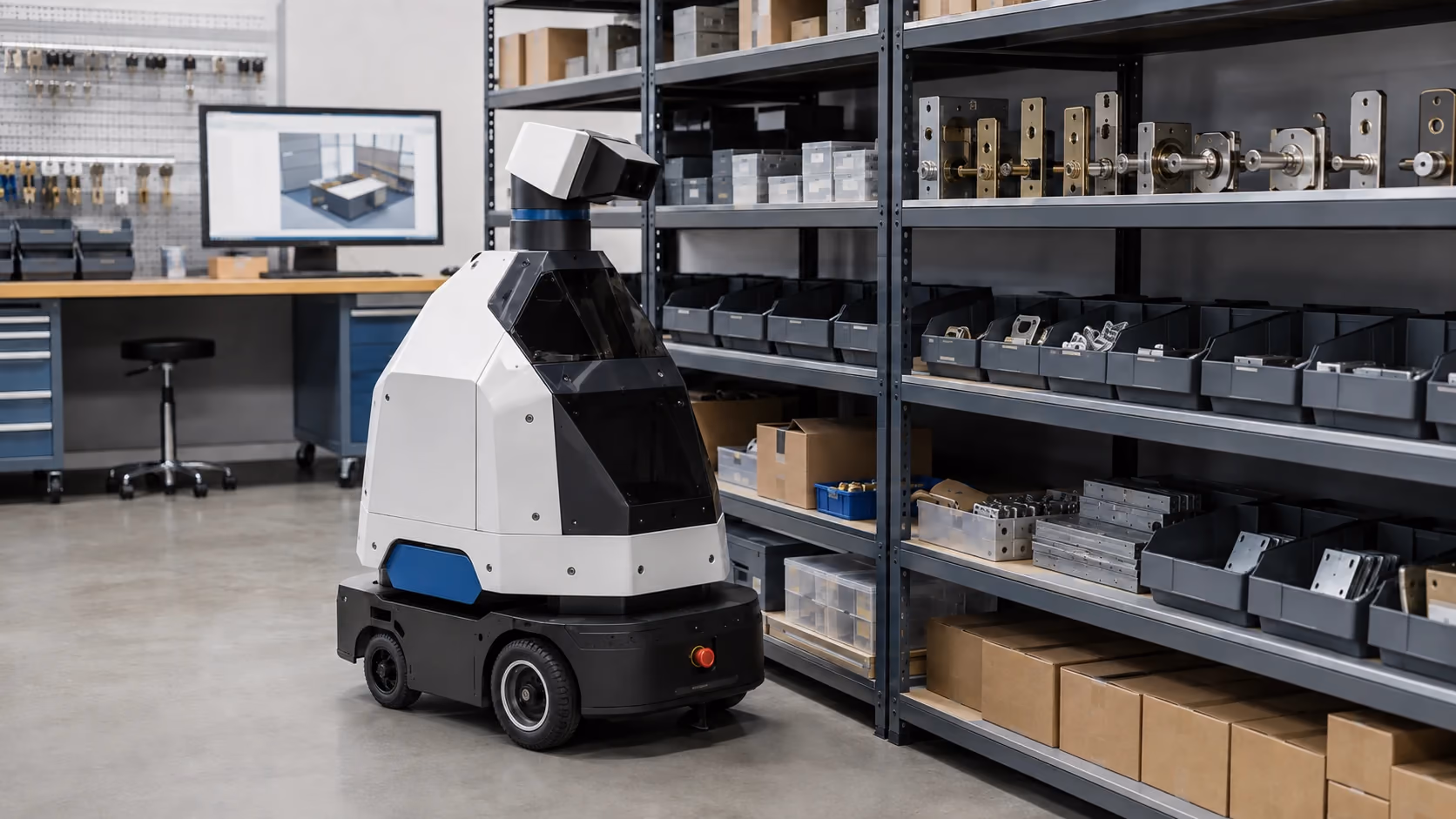 Concept visual of a compact operator-support mobile robot beside organised inventory shelving.