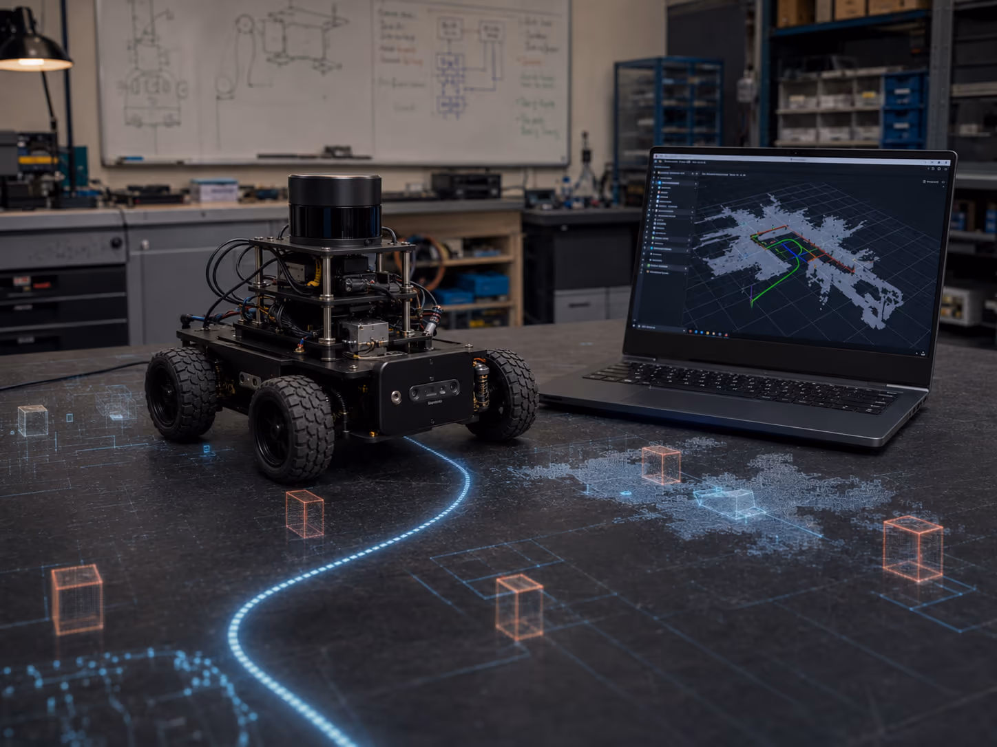 ROS 2 autonomous navigation visual showing robot mapping and route planning.