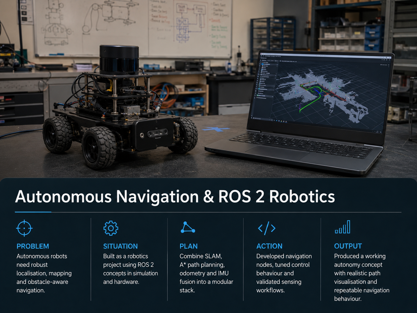 ROS 2 autonomous navigation concept with robot mapping and route planning visuals