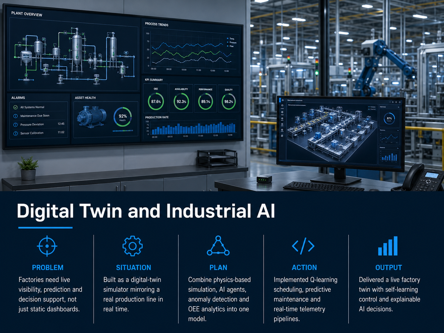 Real-time factory digital twin concept with AI agents, anomaly detection, predictive maintenance and OEE analytics dashboards