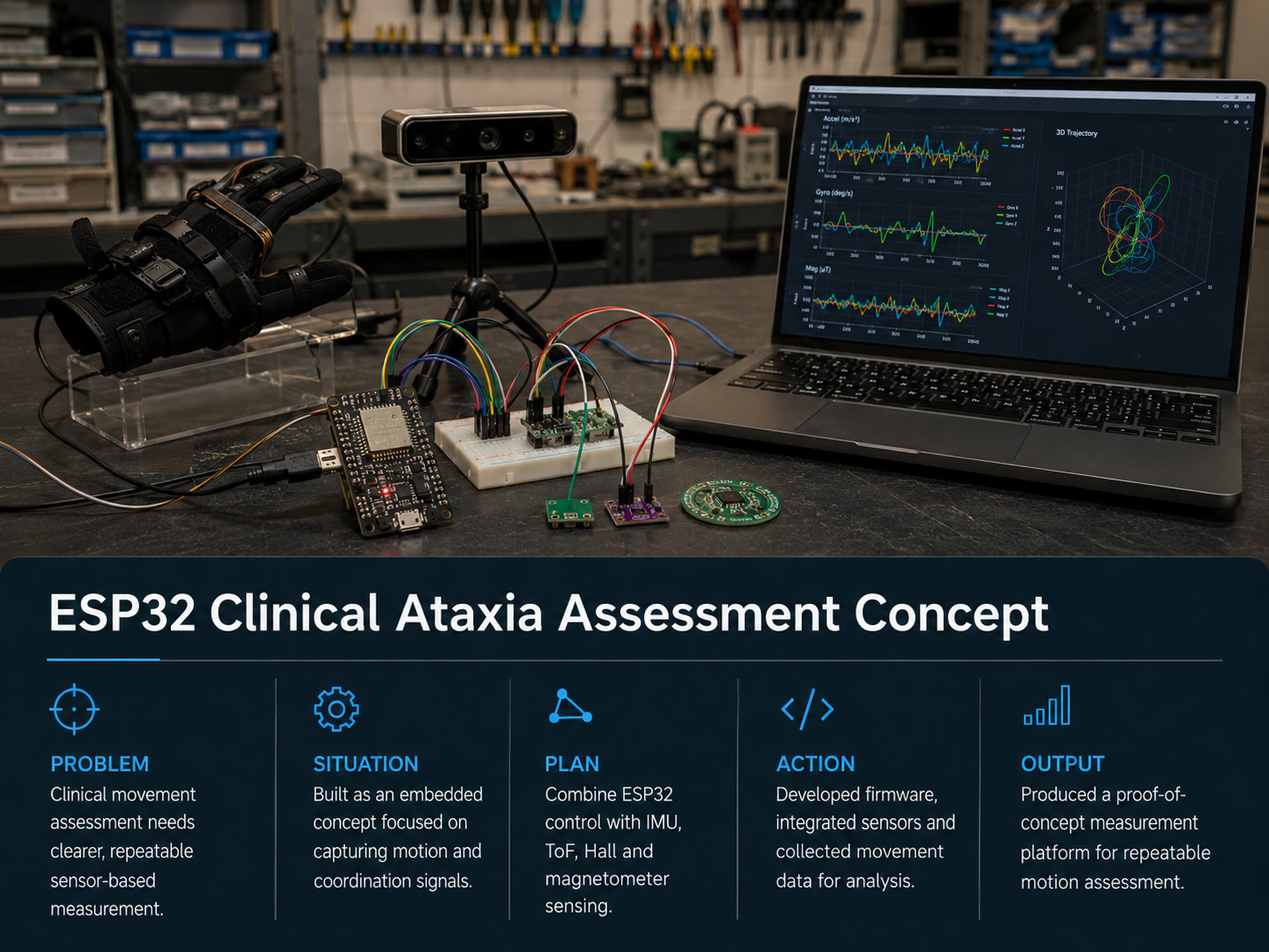 Embedded clinical ataxia assessment concept showing sensors and movement data capture