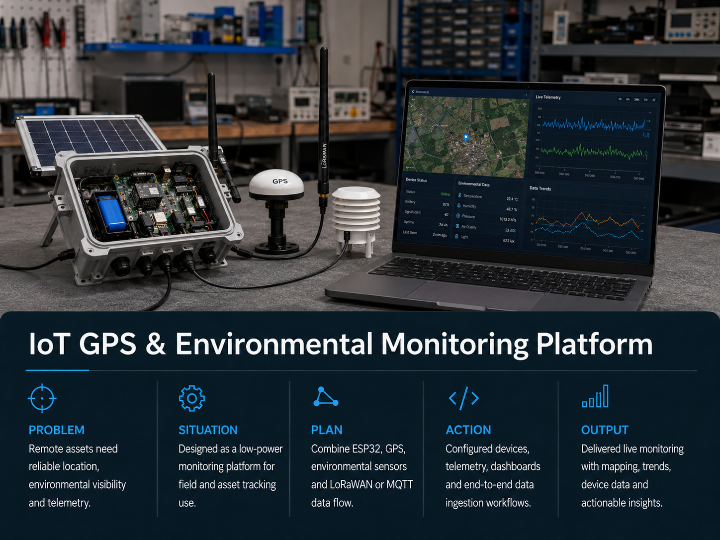 IoT GPS and environmental monitoring platform with telemetry dashboard concept
