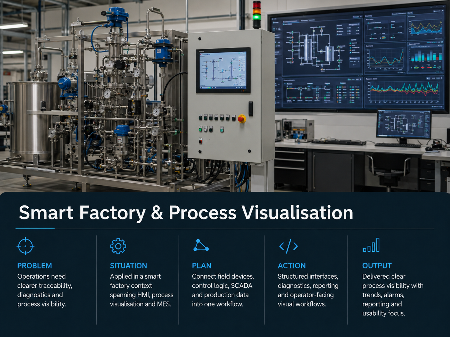 Smart factory and process visualisation concept with HMI, SCADA and production data