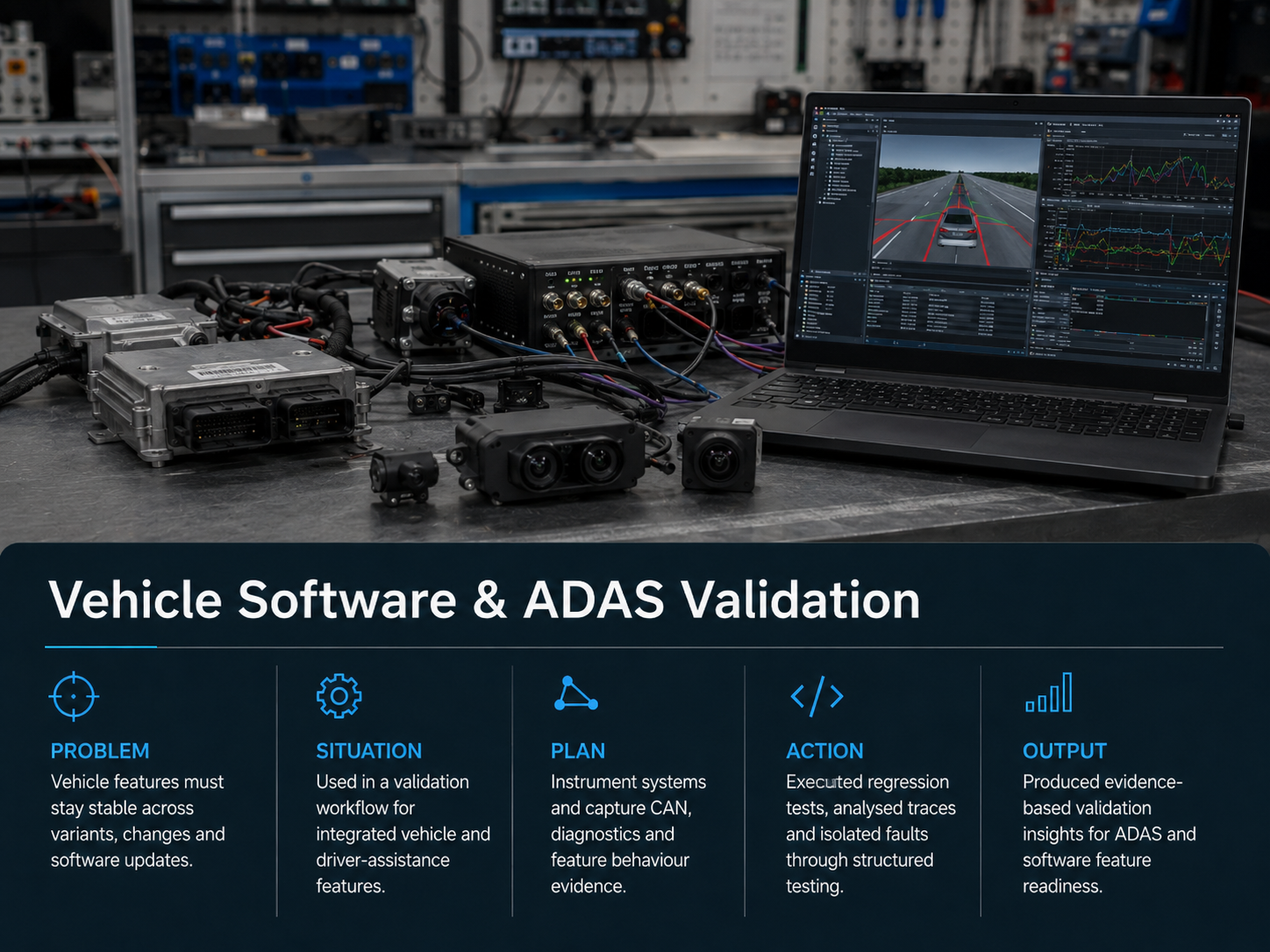 Vehicle ADAS and CAN validation concept with software testing and signal analysis